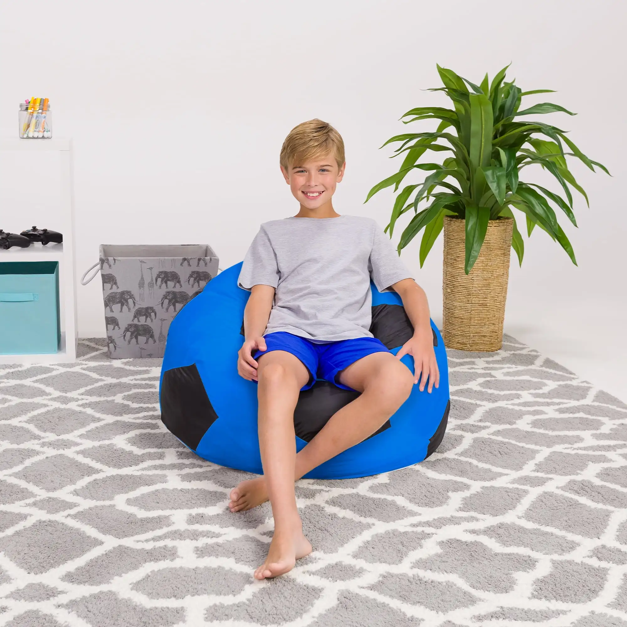 

3 ft Bean Bag Chair with Filler Included, Soft Lounger Lazy Floor Sofa Cozy BeanBag Chairs for Kids, Blue Soccer Ball