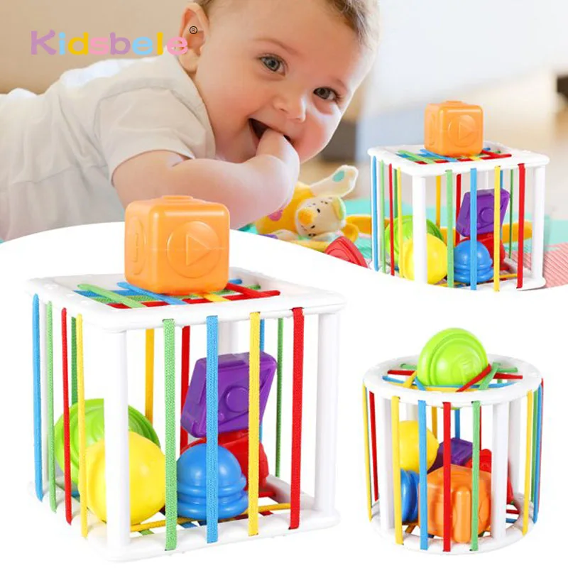 

Shape Block Sorting Baby Toys Montessori Early Educational Toys Colorful Rainbow Sensory Cube With Elastic Band Fine Motor Skill