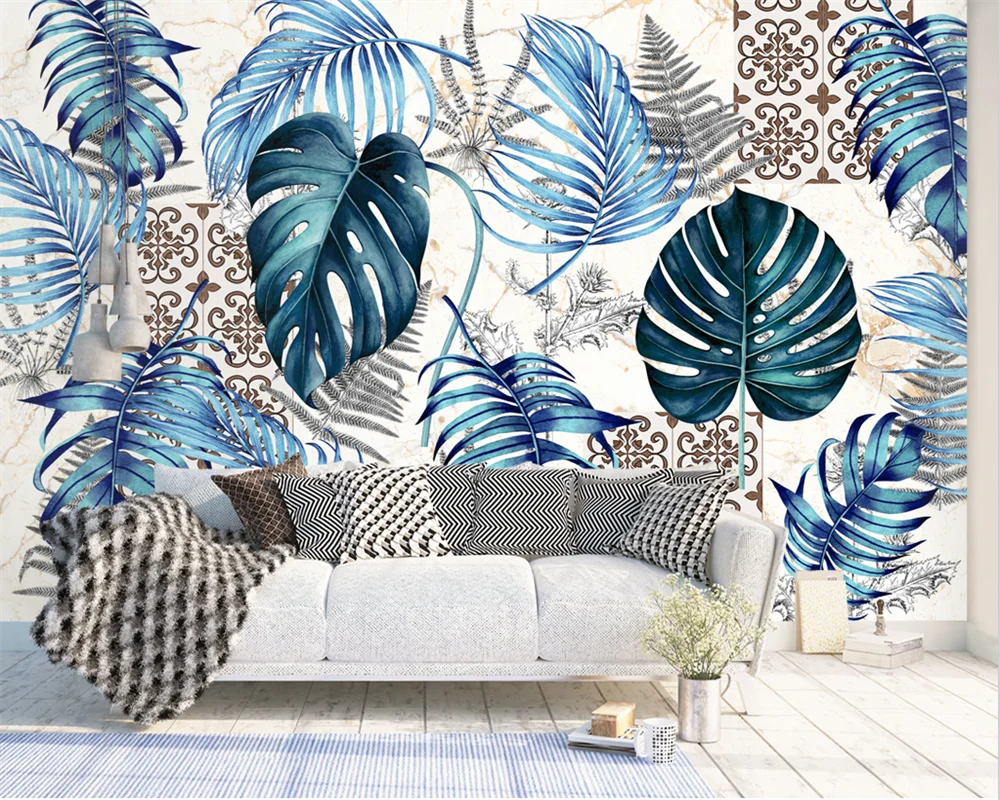 

beibehang Custom Nordic Hand Painted Tropical Plant Leaves Indoor TV Background Wallpaper papel de parede papier peint