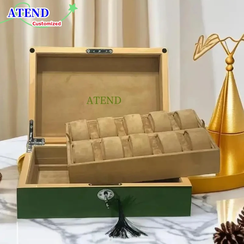 

ATEND Wholesale High-grade Green Wood 10 Grids Watch Box Large Capacity Watch Storage Box GMT Watch Box Display Props Gift Cases