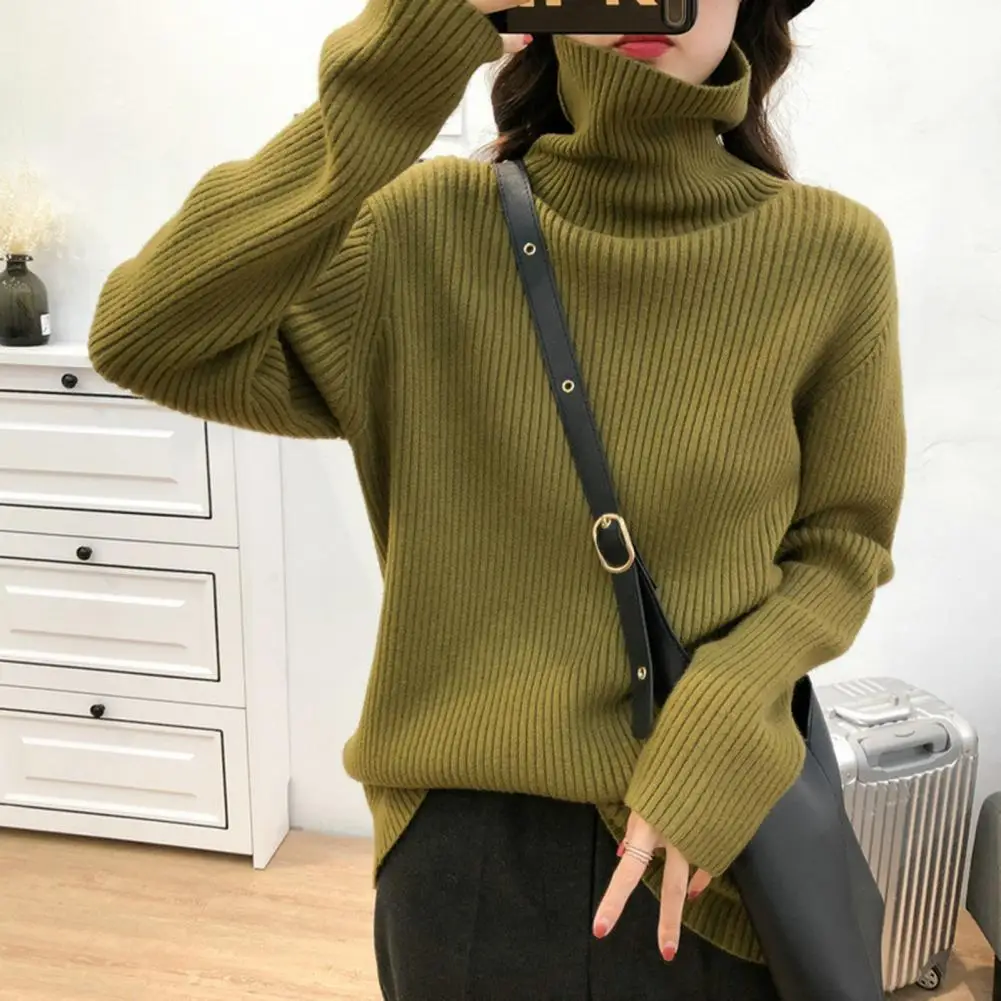 

Ribbed Knitted Pullover Tops Cozy Women's Turtleneck Sweaters Stylish Ribbed Knitwear for Autumn Winter Loose Fit Long Sleeve