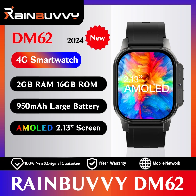 

Rainbuvvy DM62 AMOLED 4G LTE Smart Watch 2.13" HD Screen 2GB RAM 16G ROM Supports SIM Wifi Camera GPS Android8.1 Sport Watch