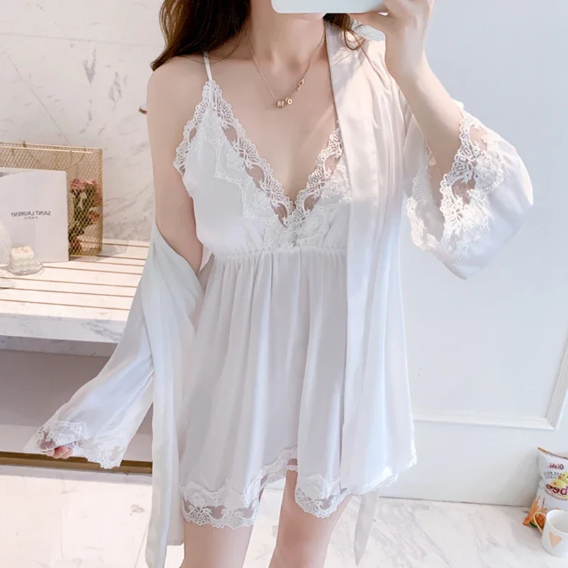 

Gown Trim Satin Nightdress Spring Home Dressing Bathrobe Loose 2PCS Gown Women Sexy Sleepwear Nightgown Set Summer Robe Lace