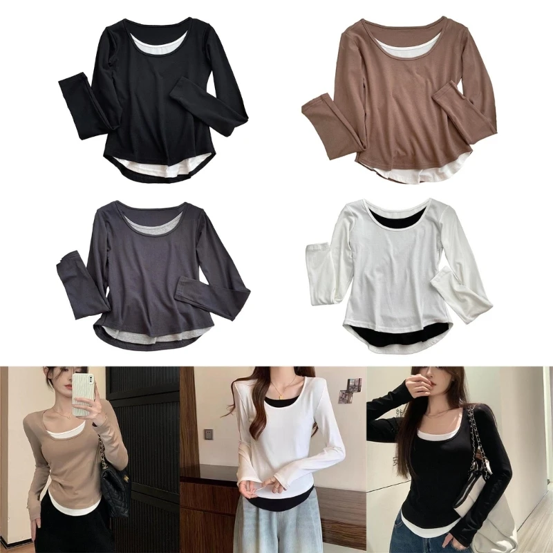 

Women's Casual Crop Tops Long Sleeve Neck Fitted Pathchwork Blouses T-Shirt Gift Y2K Streetwear