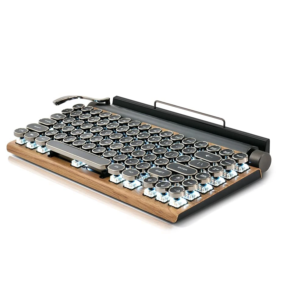 

Retro Typewriter Keyboard Wireless Bluetooth Keyboard USB Mechanical Punk Keycaps for Desktop PC/Laptop/Phone-Wood Color