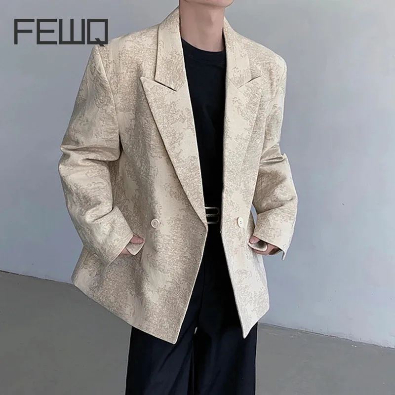 

FEWQ Jacquard Suit Men's Coat Loose Trendy Silhouette Apricot Blazer 2024 Long Sleeve Casual Luxury Korean Fashion 24X8231