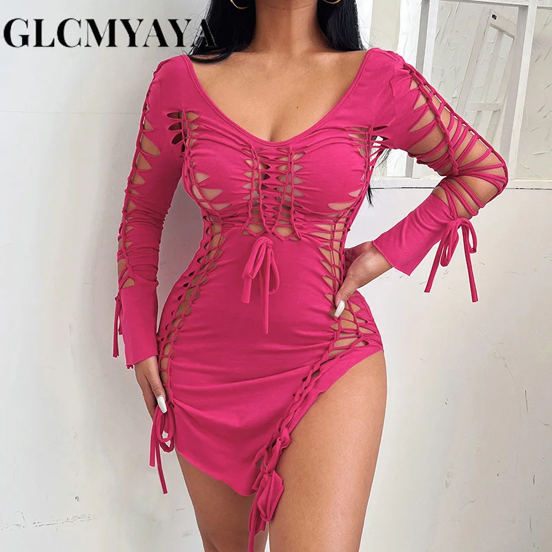 

GLCMYAYA Women U-neck Hollow Out Sheer Spliced Solid Long Sleeve Bandage Slit Slim Dress 2023 Sexy & Club Party Night Dresses