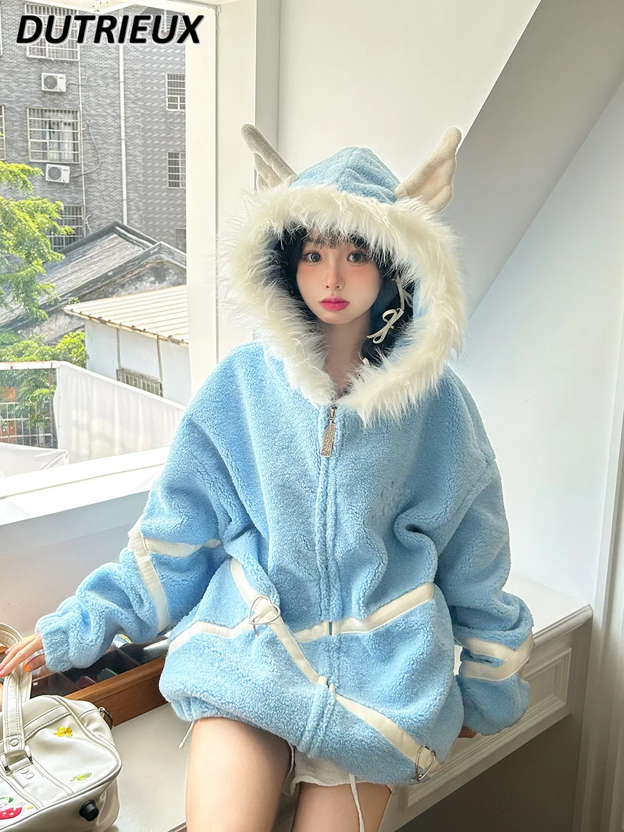 

Autumn and Winter New Original Sweet Cool Lambswool Hooded Coat Sweet Cute Female Loose Thick Zipped Cotton-Padded Jacket Tide