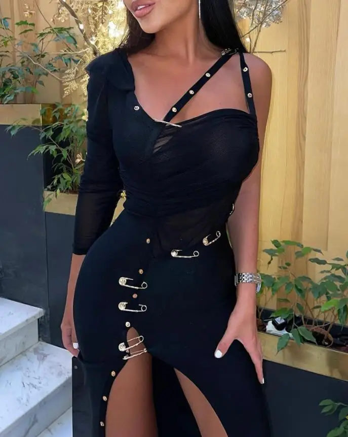 

Women's Dress Black Sexy Asymmetrical Pin Decoration High Slit Slim Dress Single Shoulder Sleeve Party Nightclub