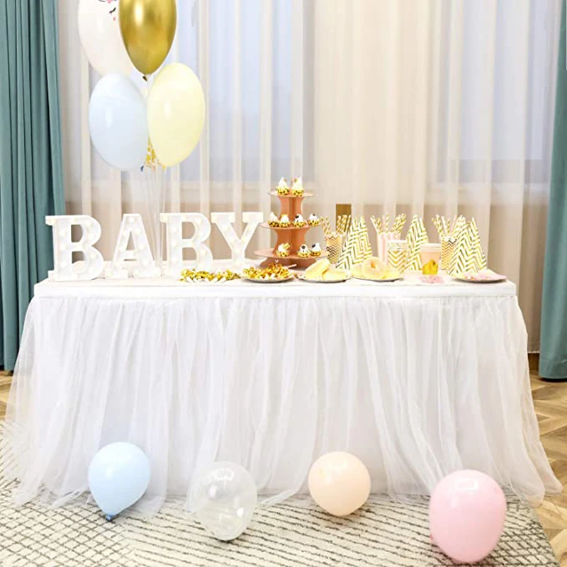 

14ft White Tulle Table Skirt for Wedding Birthday Rectangle Round Tutu Skirting Party Baby Shower Gender Reveal Cake Dessert