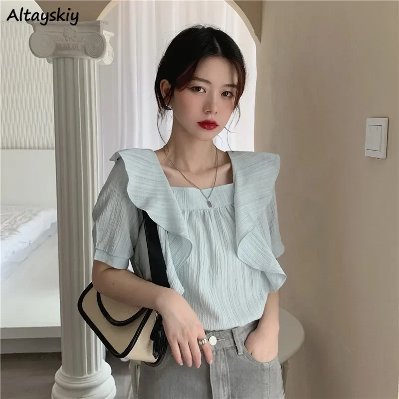 

Short Sleeve Ruffles T-shirts Women Korean Style Simple Thin Loose Office Lady Summer Stylish All-match Square Collar Basic New