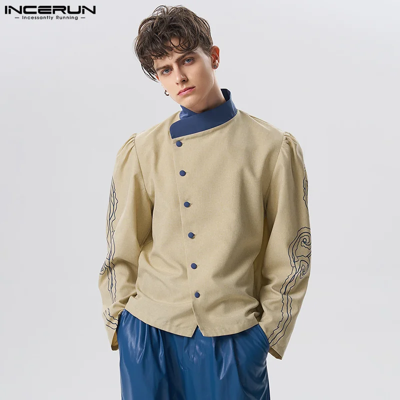 

Топы INCERUN 2023, мужские дизайнерские рубашки в американском стиле с наклонной планкой и рукавами-фонариками, Повседневная Лоскутная Блузка контрастных цветов