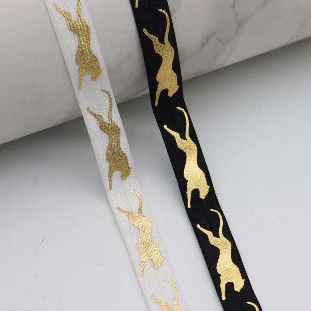 

5/8" 15mm Gold Foil Leopard Printed Fold Over Elastic FOE Ribbon For Hairbow Headwear Headband DIY Sewing OEM