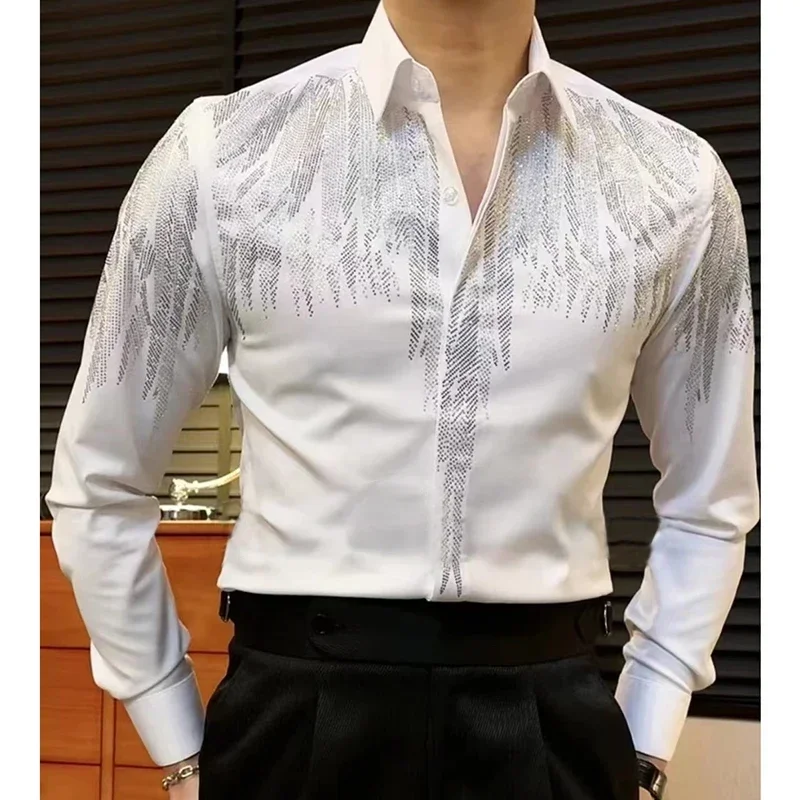 

High Quality Long Sleeved Shirt Spring Hot Diamond Shirt For Men Casual Slim Fit Shirt Luxury Social Party Blouse Camisa Hombre