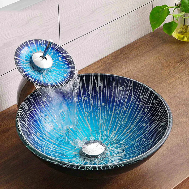 

Bathroom Sanitary Ware 42cm Round Bowl Basin Hotel Countertop Washbasin Set Sky Blue Tassel Pattern Tempered Glass Vessel Sink