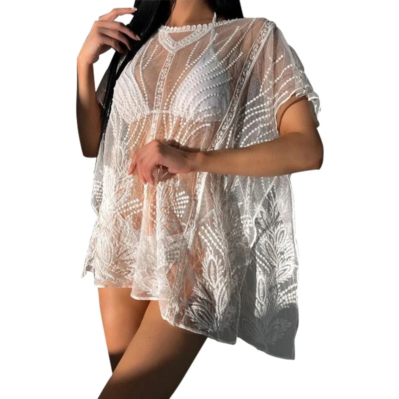 

2024 New Womens Bikinis Cover Up Short Sleeves Beach-Dress Female Charming Lace Beach-Cover Up Sexy See Through Swimsuit Coverup
