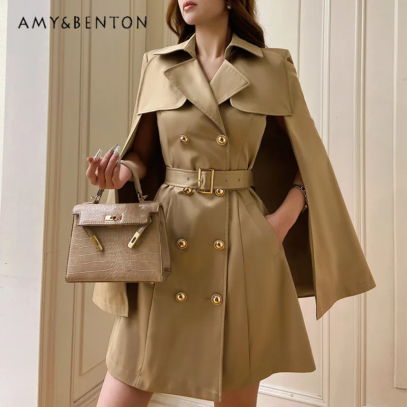 

British Style Graceful Commute Cape Stitching Double-Breasted Trench Coat 2024 Early Spring New High-Grade Fashion A-line Coat