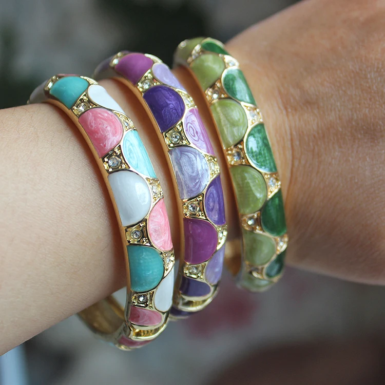 

Unique Chinese Cloisonne Color Half Round Women Bangles Rhinestones Enamel Spring Hinged Cuff Bracelets Ethnic Jewelry Gifts