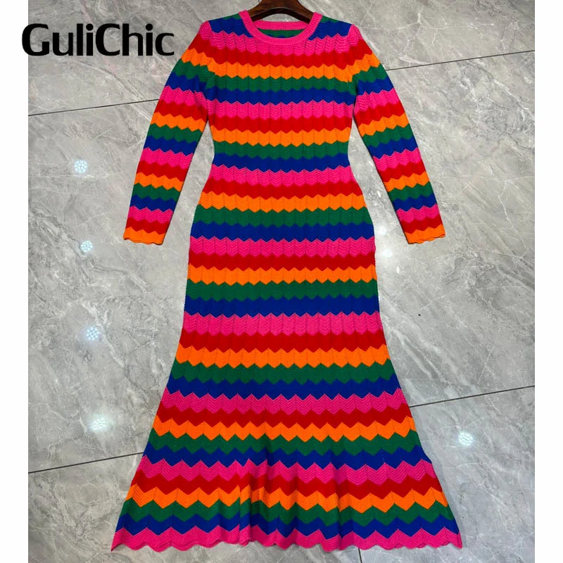 

1.4 GuliChic Fashion Slim Knit Dress Women Round Neck Long Sleeve Multicolor Striped Crochet Fabric With Scallop Hem Maxi Dress