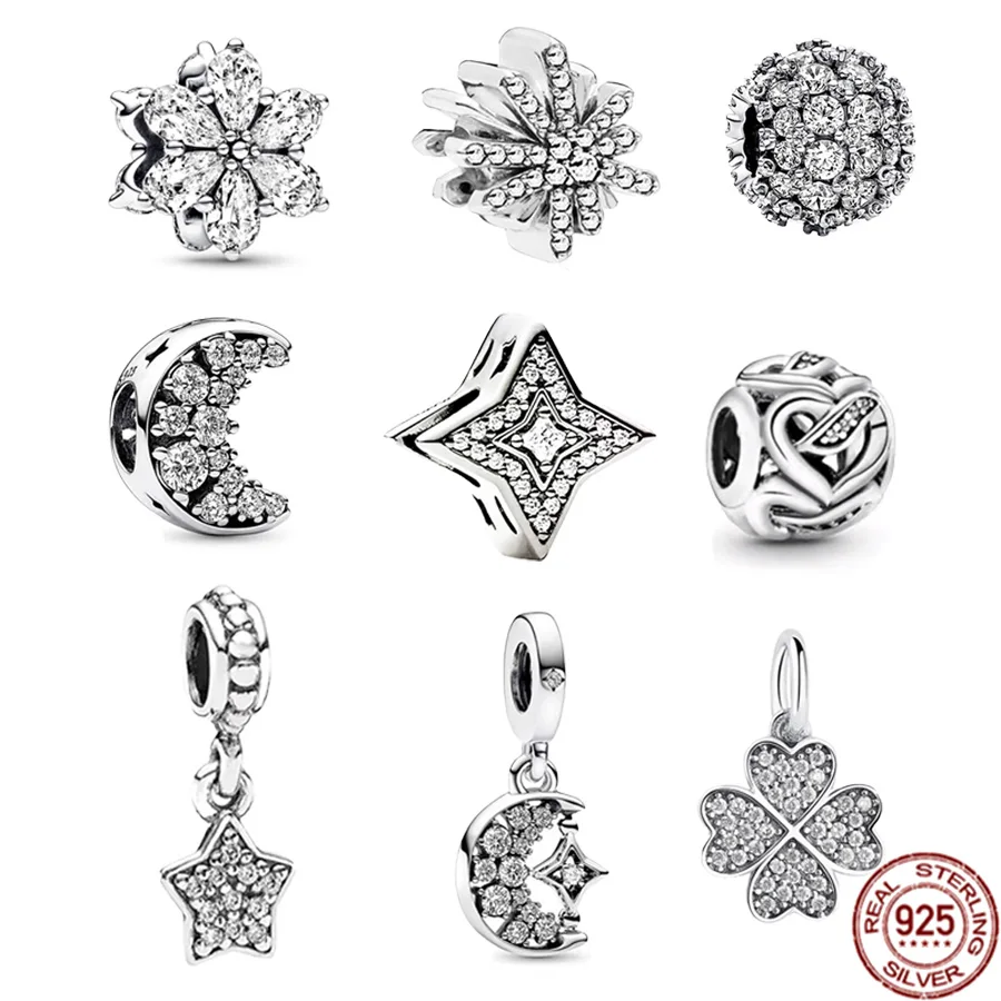 

Sparkling Herbarium Cluster Four-Leaf Clover & Crescent Moon Charm Beads Fit Original Pandora Bracelet Silver 925 Jewelry Gift