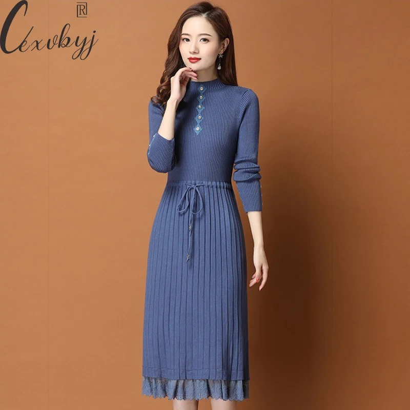 Lace Patchwork Knitted Dress Women Fall Winter Long Sleeve Sweater A-Line Dress Loose Half High Collar Casual Knee-Length Dress
Lace Patchwork Knitted Dress Women Fall Winter Long Sleeve Sweater A-Line Dress Loose Half High Collar Casual Knee-Length Dress