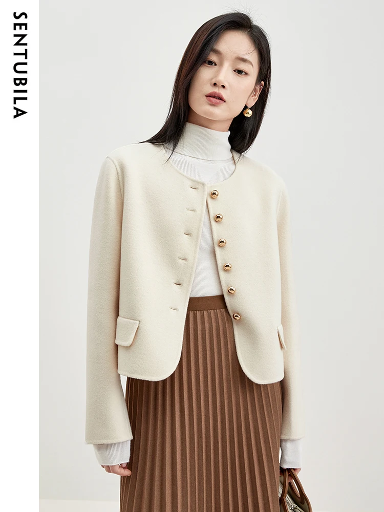 

Женское Короткое шерстяное пальто Sentubila, сезон зима 100%, двухсторонняя укороченная шерстяная куртка с круглым вырезом, теплая верхняя одежда, W34O49734