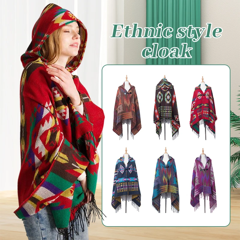

New Ethnic Bohemian Hooded Cape Shawl Cowhorn Buckle Tribal Fringe Jacket Striped Cardigans Blankets Cape Tassels Poncho Coat