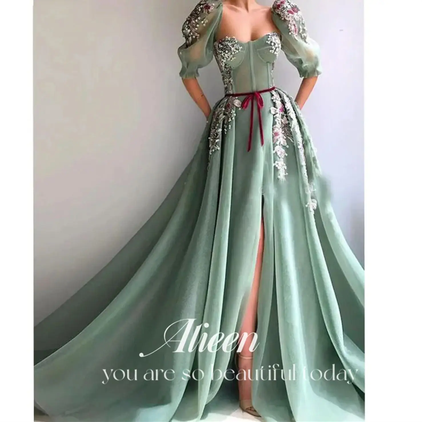 

Elegant Muslim Mint Green Sweetheart Prom Gowns With Belt High Slit Lace A-Line Islamic Dubai Saudi Arabic Long Evening Dresses