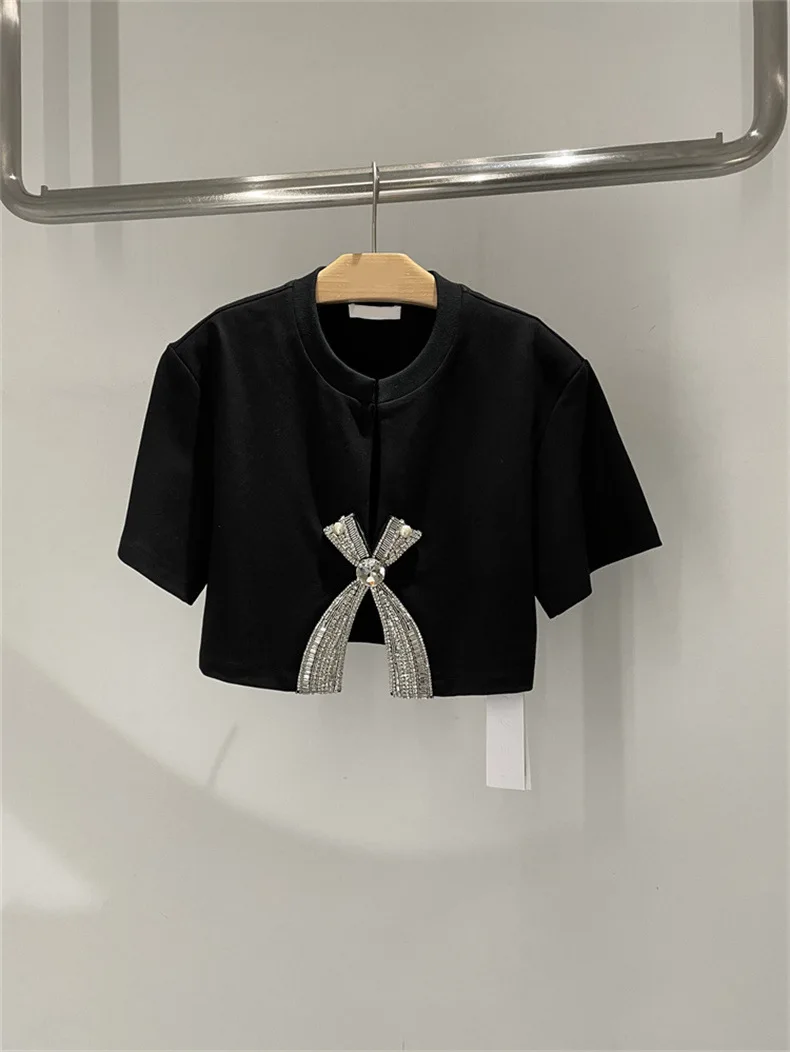 2023 summer new diamond-encrusted sequin bow short sleeve T-shirt short top
2023 summer new diamond-encrusted sequin bow short sleeve T-shirt short top