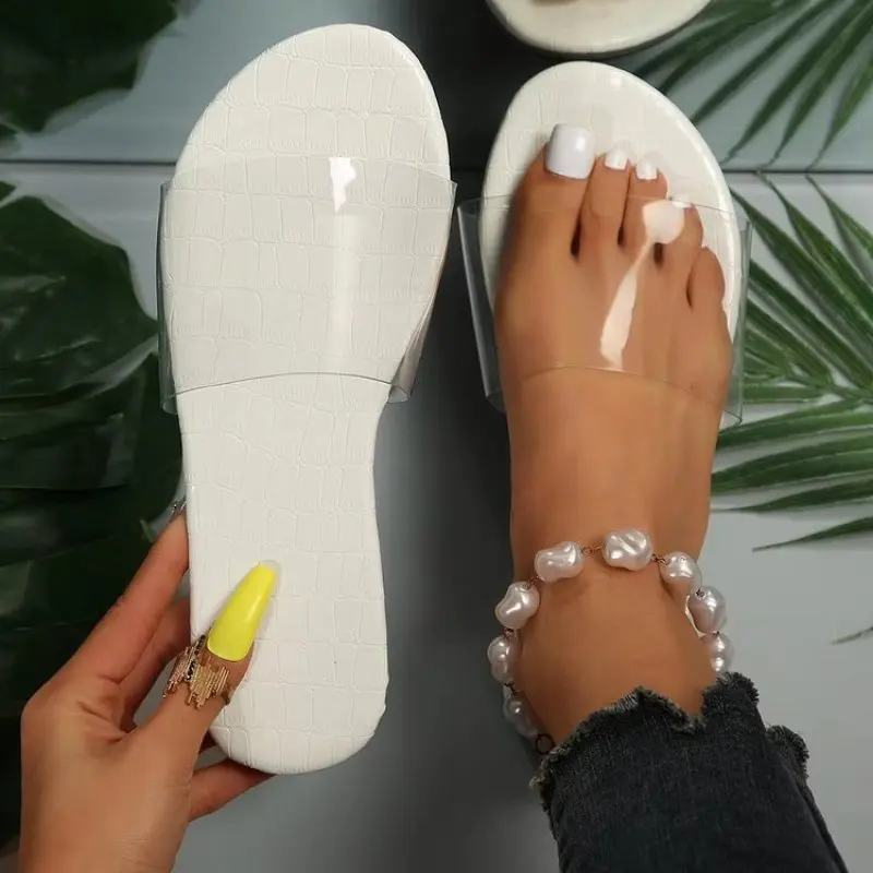 

Summer Comfort Women Slippers Flat Heel Transparent Upper Solid Insole Fashion Casual Slides Outdoor Ladies Shoes Plus Size 43