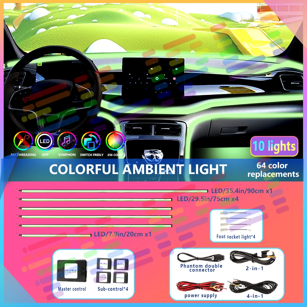 

LED Car Ambient Light 64 Colors Acrylic Strips Full Colors RGB Car Interior Hidden App Remote Control Atmosphere Lamp
