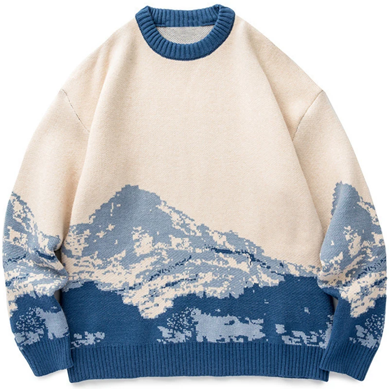 

Autumn and Winter Tie Dyed Snow Mountain Fashion Brand Round Neck Sweater Couple Loose Sweater Hong Kong Style Knitwear Long Sle
