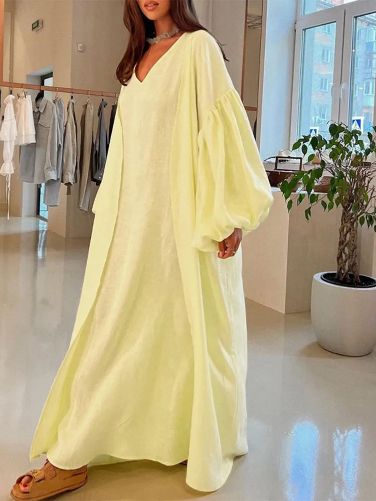 

Solid Sleeveless Round Neck Dress With Lantern Sleeves Cardigan Suits Causal Loose Long Dresses 2024 Spring High Streetwear