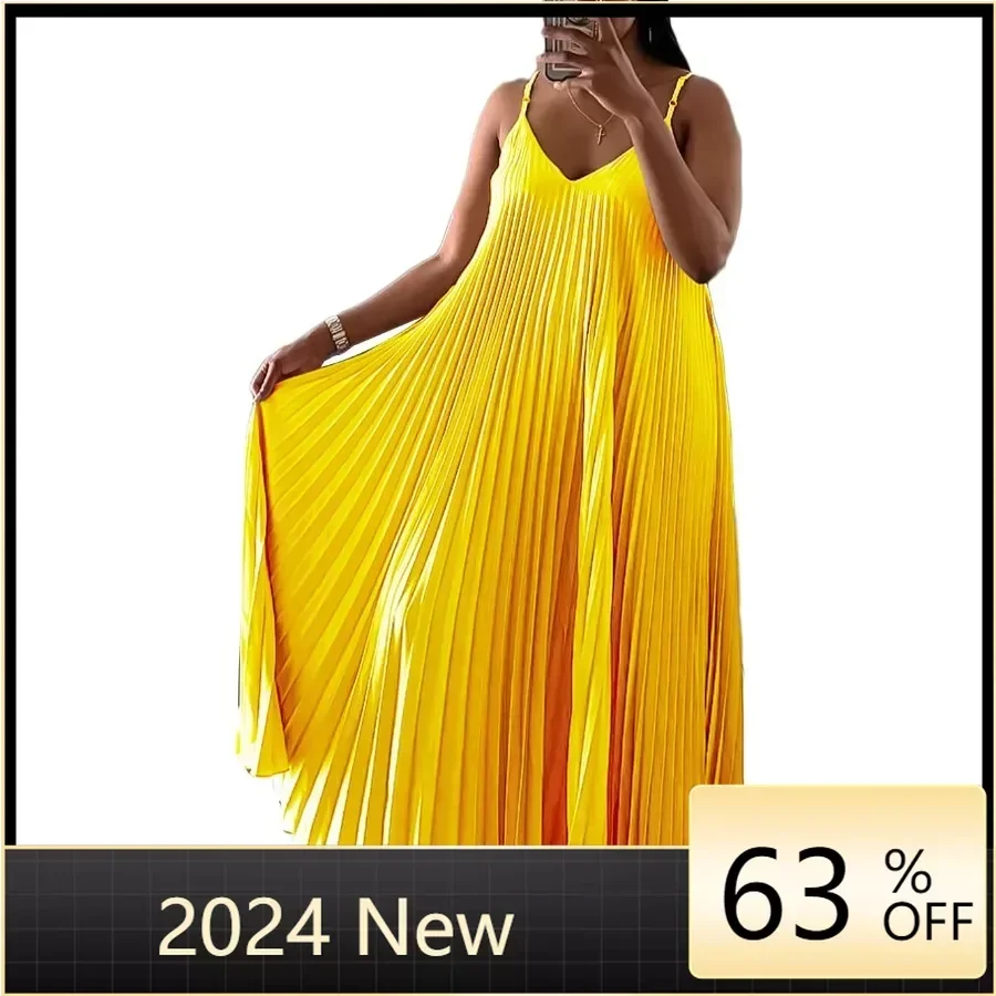 

African Pleat Dresses for Women Summer Sexy 2024 African Sleeveless Polyester V-neck Long Maxi Dress Dashiki Africa Clothing