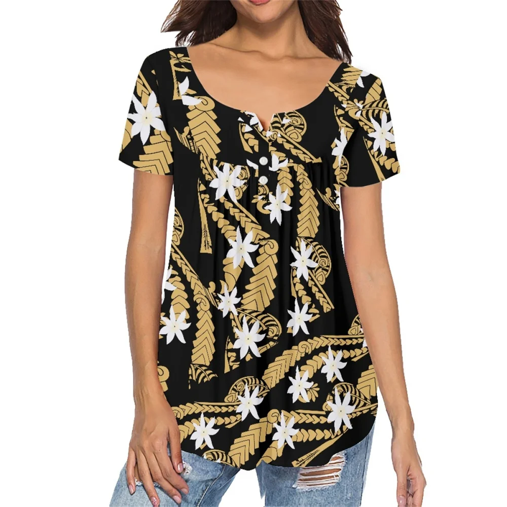 

Polynesian Tribal Samoan Hawaii Clothes Custom Print New Button Loose Short Sleeve Elegant Summer Women's Stylish V-neck Blouses