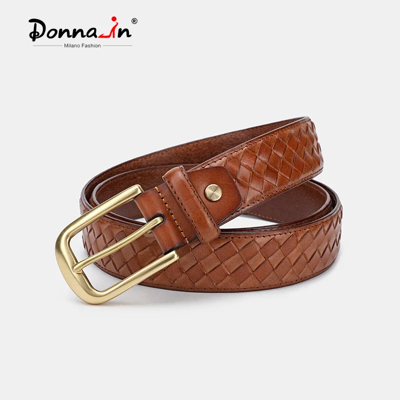 

Donna-in Woven Belt Genuine Cow Leather for Men Retro Casual Belts Gold Pin Buckle Fashion Jeans Decoration