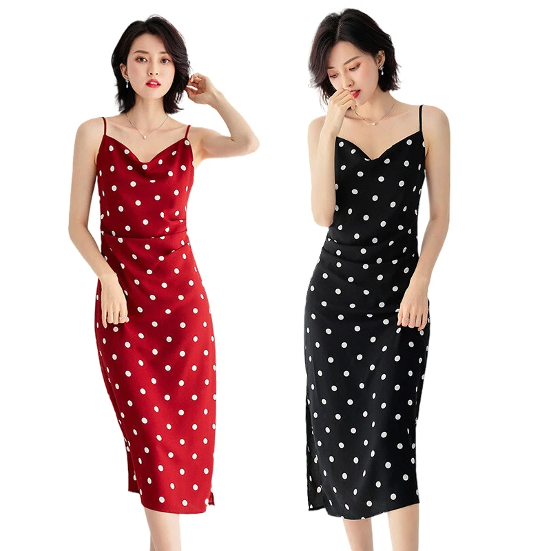 

Chiffon Dress Women's Summer Red Fashion Black Polka Dot Suspender Slip Dress Sexy Backless Midi Length Skirt roupas femininas