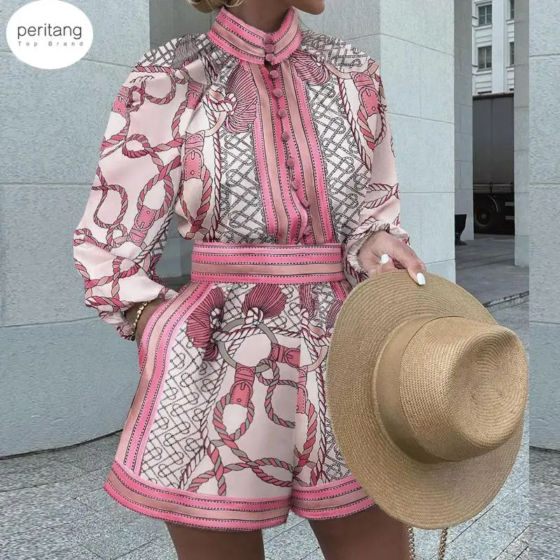 Женский костюм из 2 предметов, элегантная винтажная рубашка на пуговицах с воротником-стойкой и принтом и модные шорты с карманами, осенний комплект из 2 предметов с длинным рукавом, 2024 
Женский костюм из 2 предметов, элегантная винтажная рубашка на пуговицах с воротником-стойкой и принтом и модные шорты с карманами, осенний комплект из 2 предметов с длинным рукавом, 2024