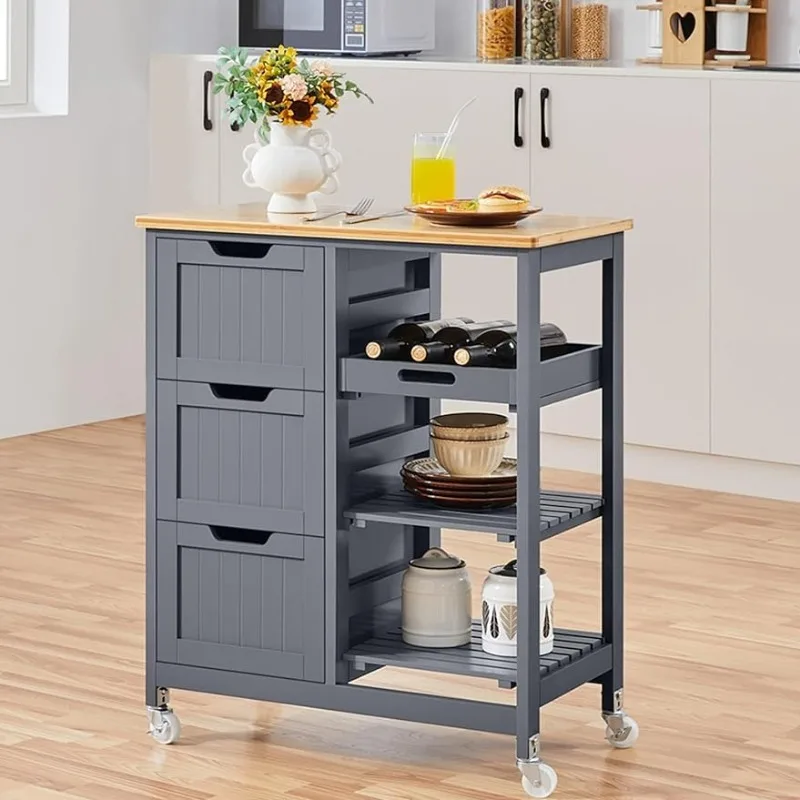 Kitchen Island Cart on Wheels with Storage, Rolling Bar Cart with Solid Wood Top and 3 Drawers, 3 Removable Shelves
Kitchen Island Cart on Wheels with Storage, Rolling Bar Cart with Solid Wood Top and 3 Drawers, 3 Removable Shelves