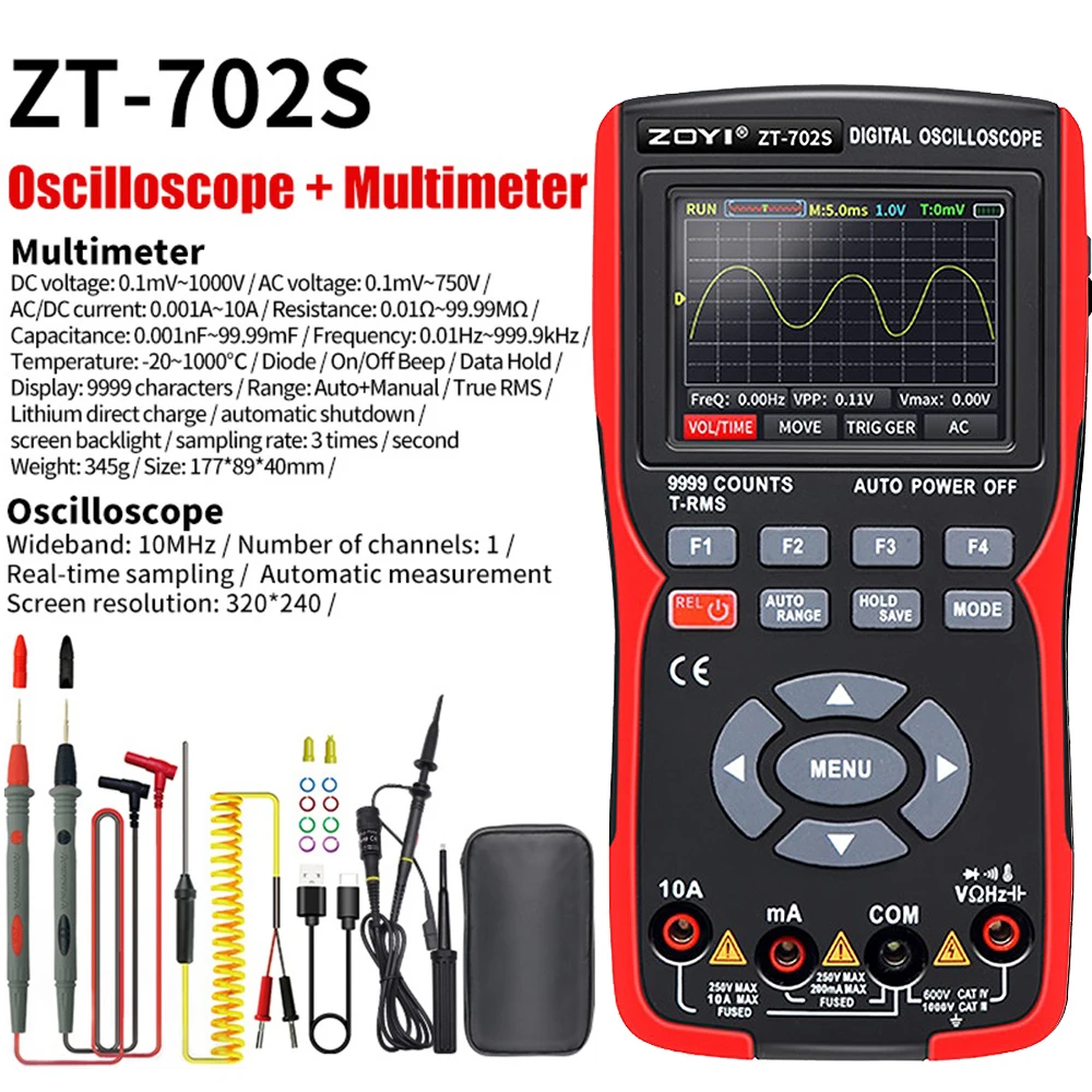 ZT702S 2 In1 Digital Oscilloscope Multimeter 48MSa/s True RMS 1000V Multiteter Electrician Current Capacitance Resistance Tester
ZT702S 2 In1 Digital Oscilloscope Multimeter 48MSa/s True RMS 1000V Multiteter Electrician Current Capacitance Resistance Tester