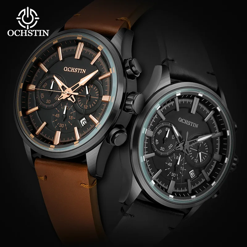 

OCHSTIN Man Wristwatch Waterproof Military Fashion Auto Date Chronograph Business Sport Genuine Leather Male Clock Quartz Watch