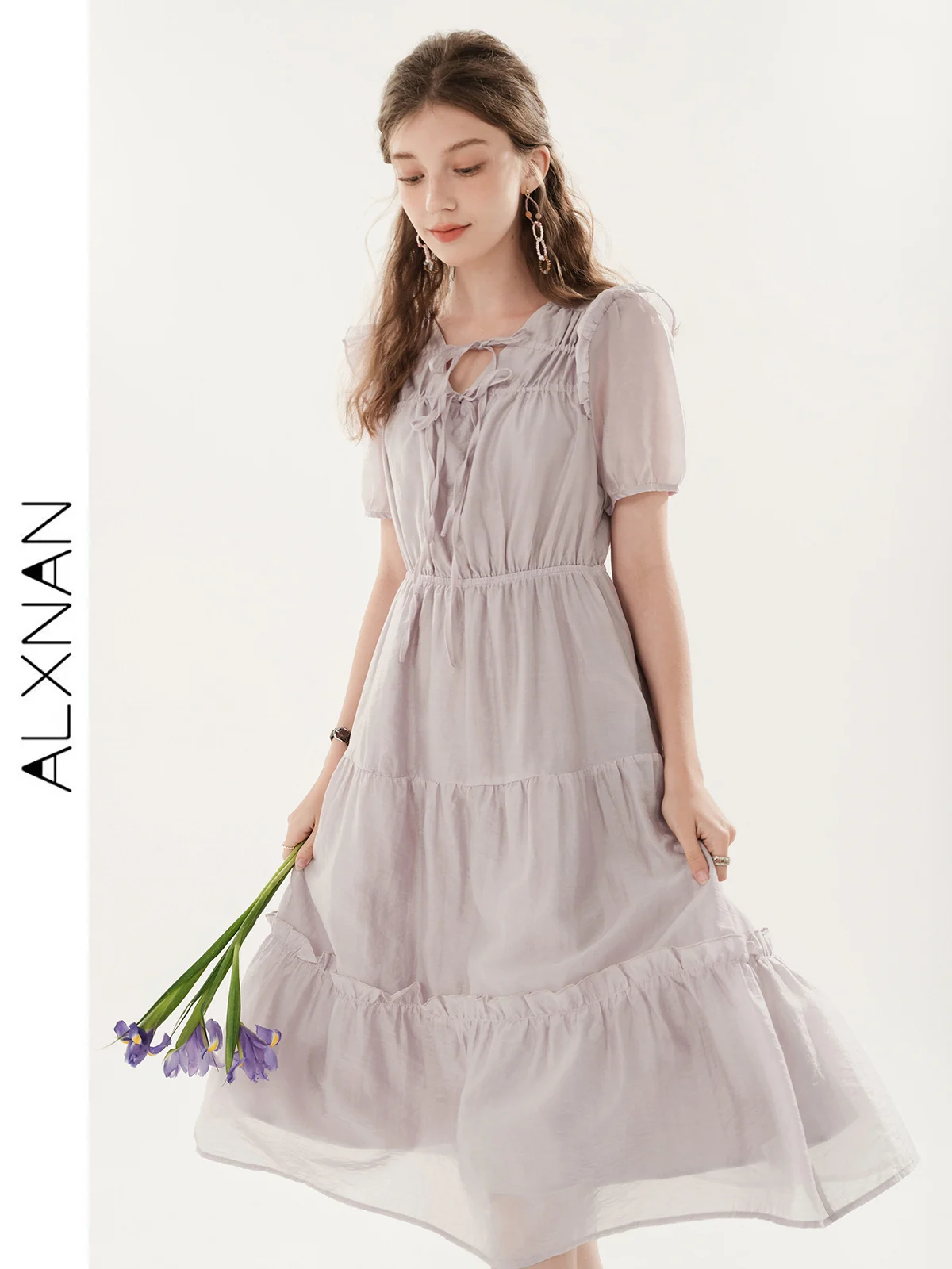 

ALXNAN French Sweet V-neck Lantern Sleeve Dress For Women 2024 Summer A-LINE Lace-up Draping Waist Female Midi Dresses TM00122