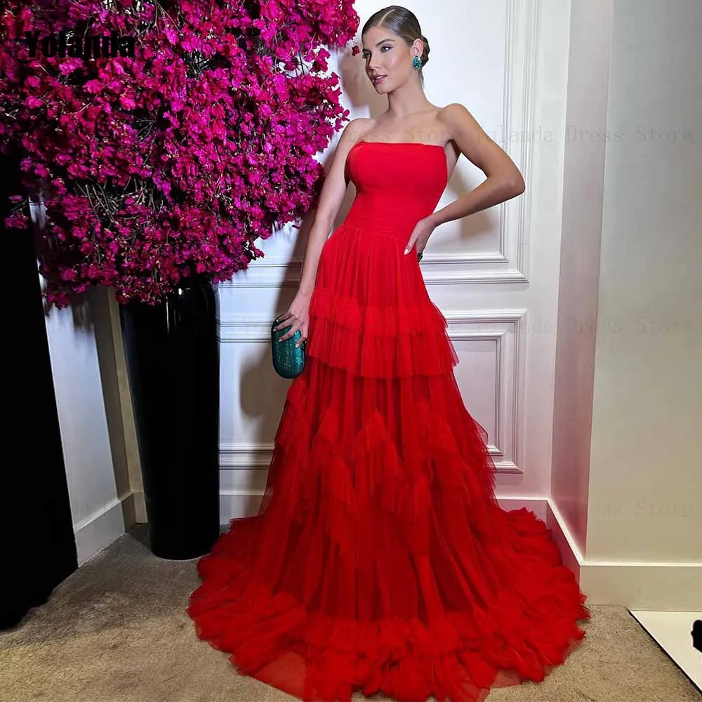 

Red Simple 2024 New A-line Evening Dresses Strapless Open Back Layered Tulle Sleeveless Floor Length Party Dress Robe de soirée