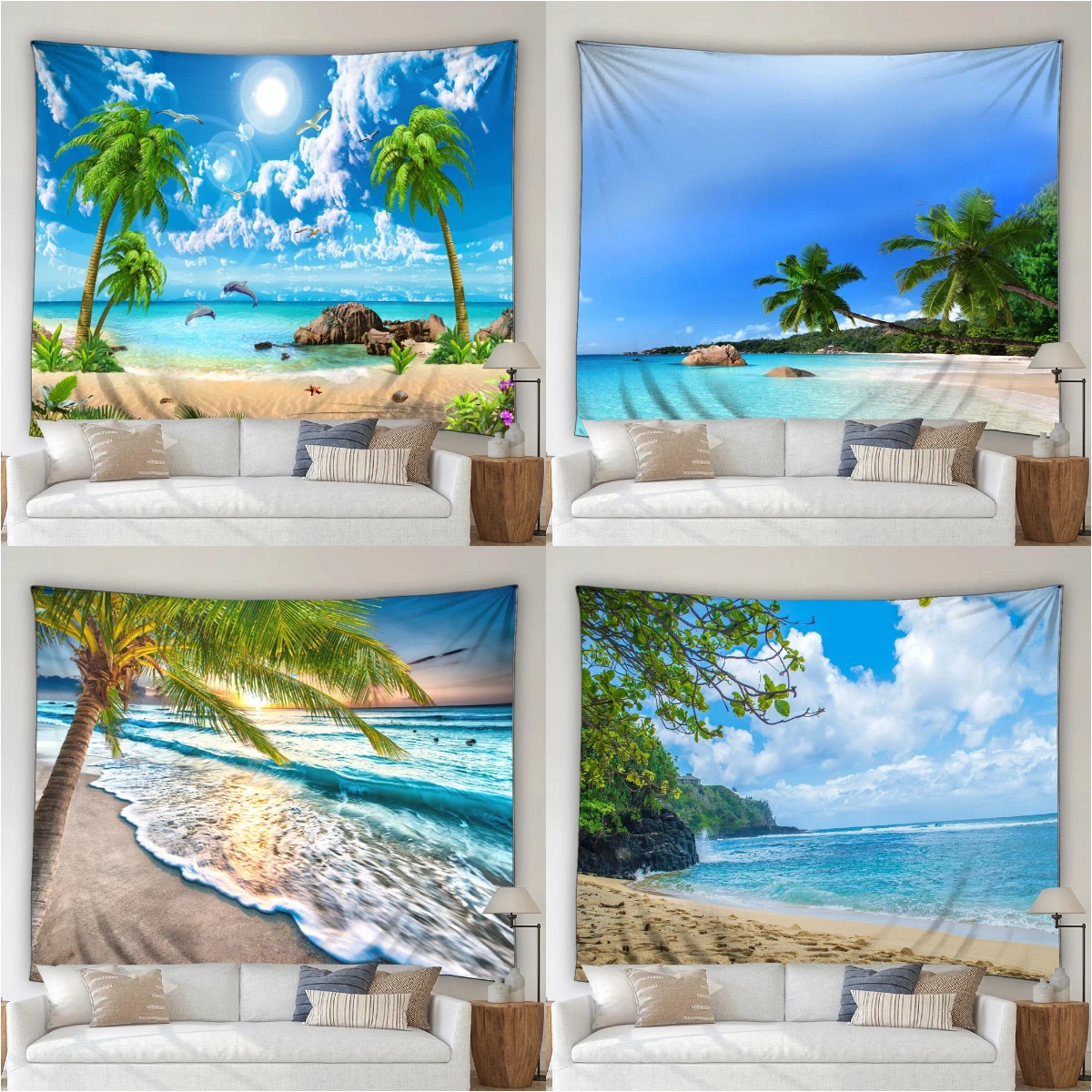 

Ocean Scenery Tapestry Seaside Beach Tropical Palm Tree Sailboat Outdoor Natural Garden Home Living Room Dorm Decor Wall Hanging