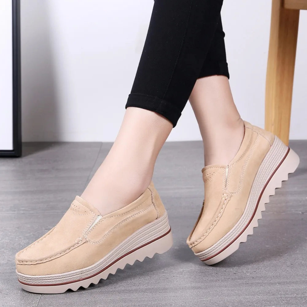 

Genuine Leather Women's Platform Shoes Thick Sole Slip on Flatform Casual Wedge Sneakers Ladies Suede Moccasins Heightened Shoes
