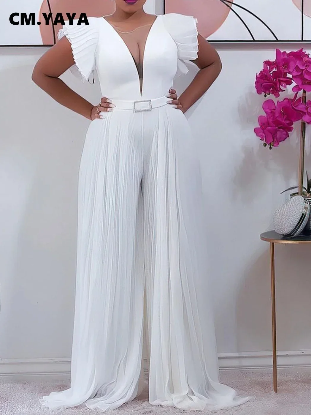

FANAN Elegant Mesh Patchwork Pleated Wide Leg High Waist V-neck Flare Sleeve Women Jumpsuit 2022 Summer Party Playsuit Overall