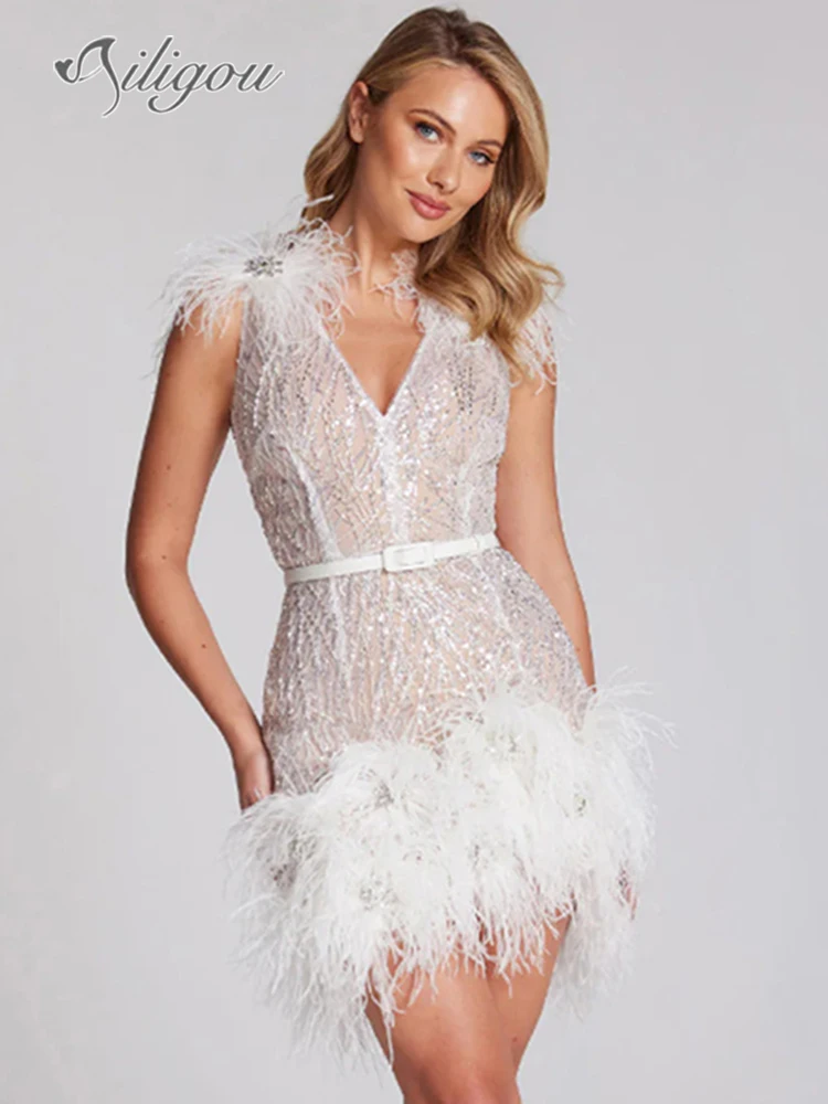 

Ailigou 2024 New Summer Women's Sexy V-neck Sleeveless Luxury Feather Sequin Tight Fit Mini Dress Elegant Evening Dress