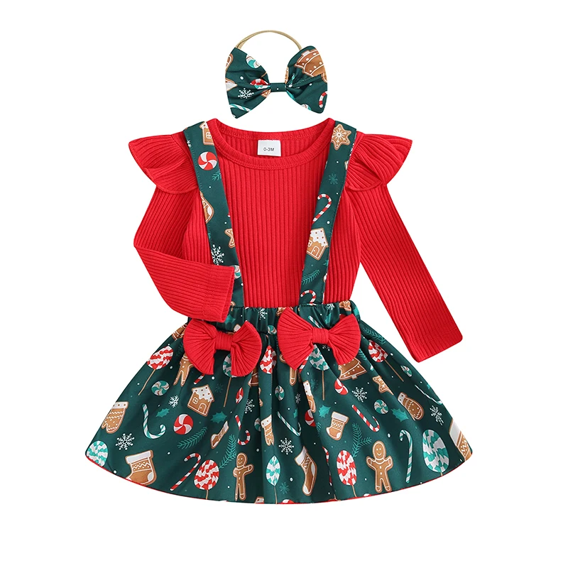 

Рождественский комбинезон с длинным рукавом и юбка на подтяжках с принтом для маленьких девочек, комплект из 3 предметов, шикарная Милая повязка на голову, осенняя одежда