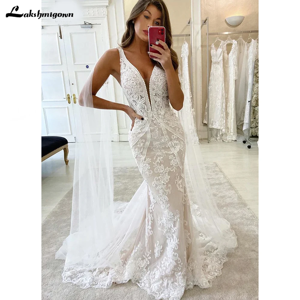 Plunging V-Neck Double Straps Lace Appliques Mermaid Wedding DressFemale dress Floor-Lengthrobe de mariage sirene luxueuse
Plunging V-Neck Double Straps Lace Appliques Mermaid Wedding DressFemale dress Floor-Lengthrobe de mariage sirene luxueuse