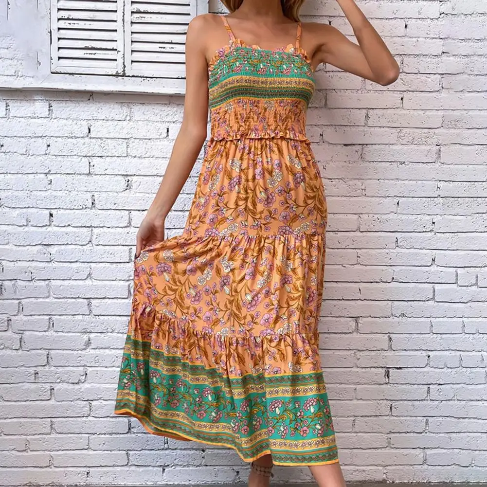 

Printed Summer Dress Ethnic Style Maxi Dress with Shirring Patchwork Detail Women's Sleeveless Vacation Sundress with for Summer